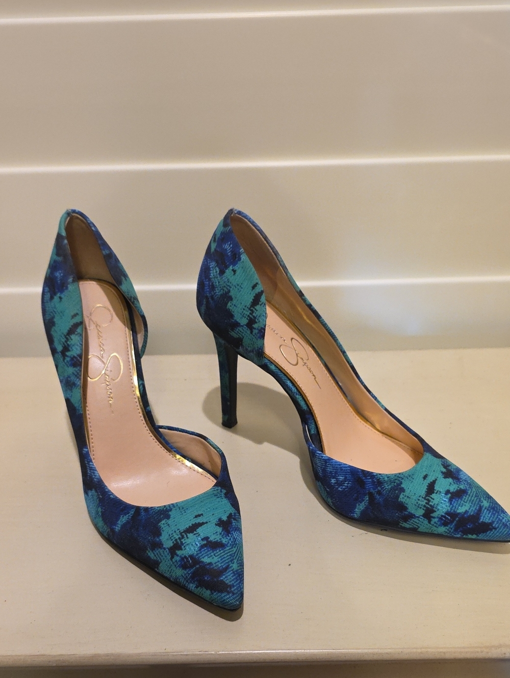Jessica Simpson Teal and Navy Patterned Pointed-Toe Pumps - Picture 1 of 4